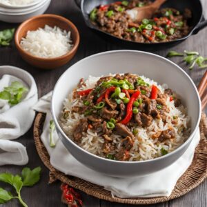 A close-up of a bowl of Beef Pepper Rice, showcasing tender beef, colorful bell peppers, and fluffy rice, garnished with green onions and a drizzle of pepper sauce