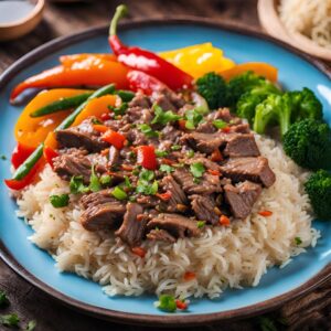 A close-up of a bowl of Beef Pepper Rice, showcasing tender beef, colorful bell peppers, and fluffy rice, garnished with green onions and a drizzle of pepper sauce