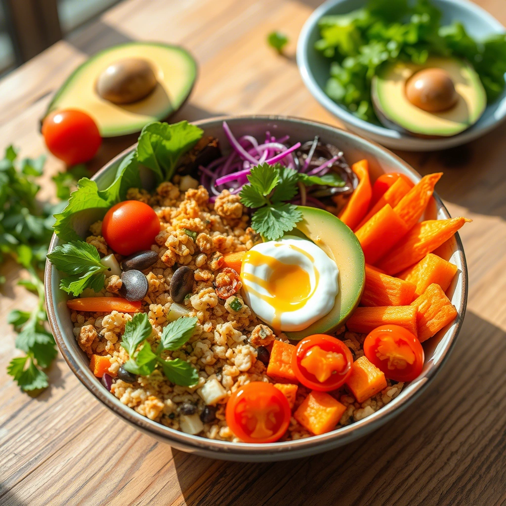 Colorful bowl with quinoa, roasted vegetables, avocado, and cherry tomatoes – easy vegetarian lunch recipe